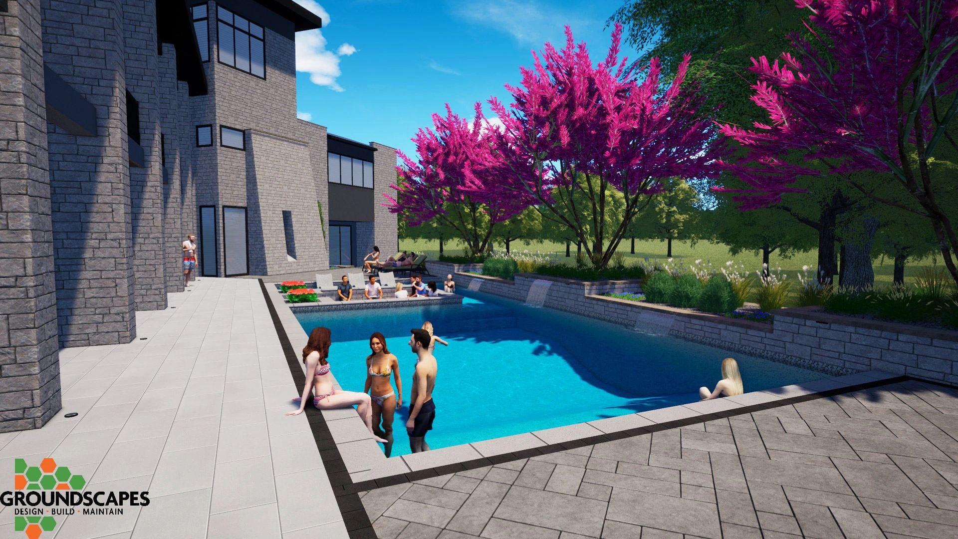 3D Rendering, backyard pool, firepit, walls, outdoor living, outdoor kitchen