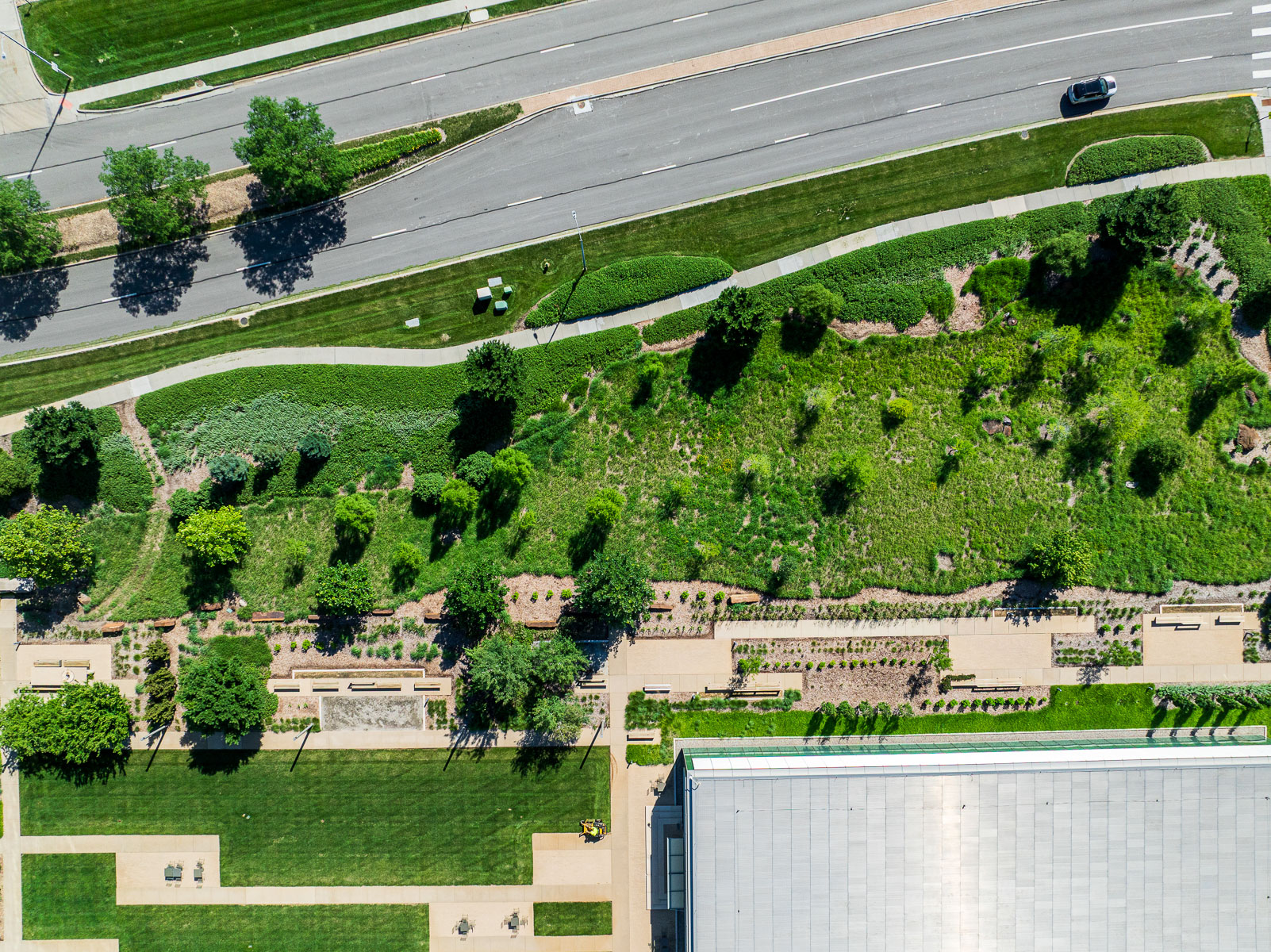 aerial plan view commercial charles schwab maintenance office landscape