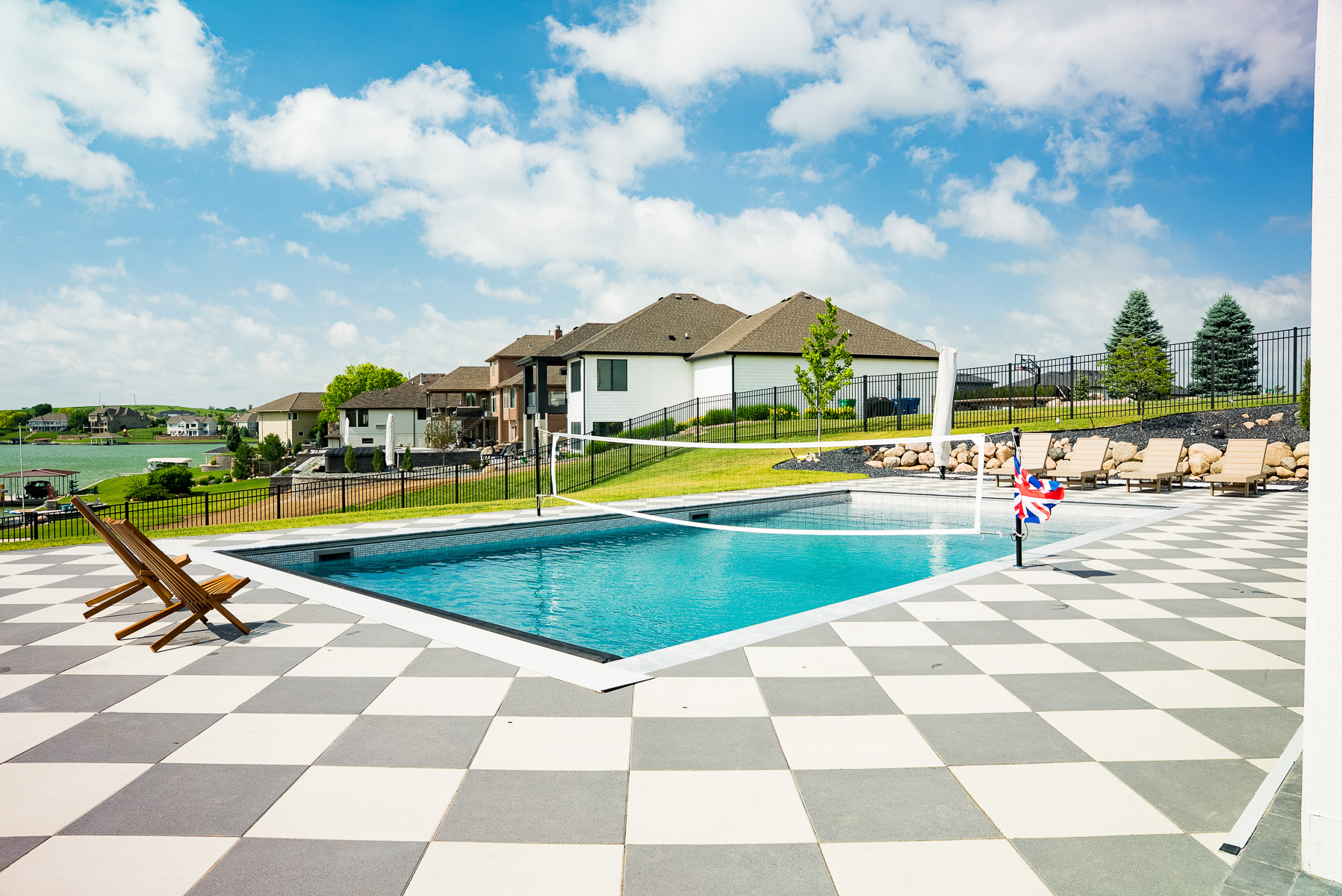nice pool volleyball net patio checkerboard seating