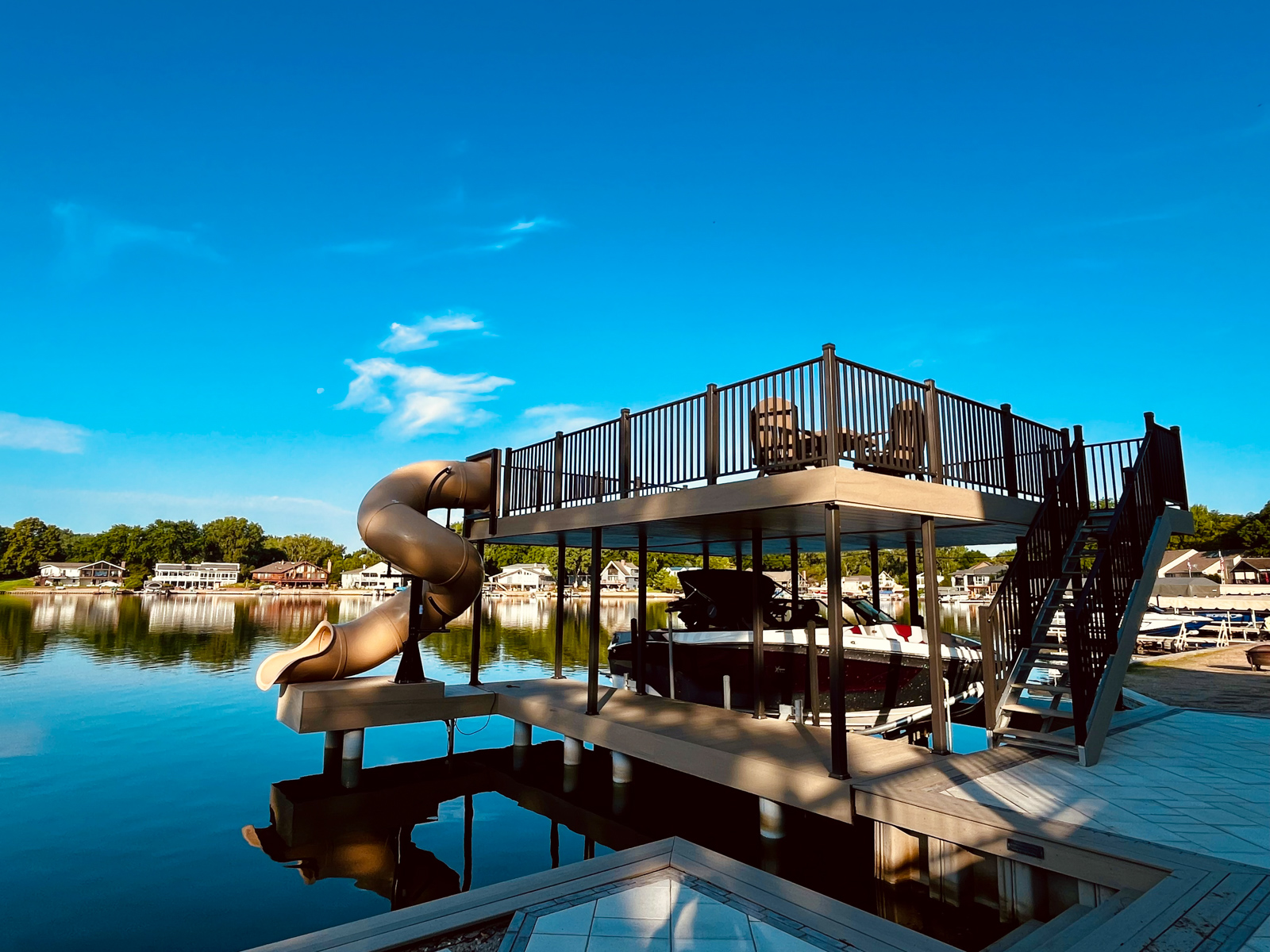 marine dock two story seating deck slide lake boat